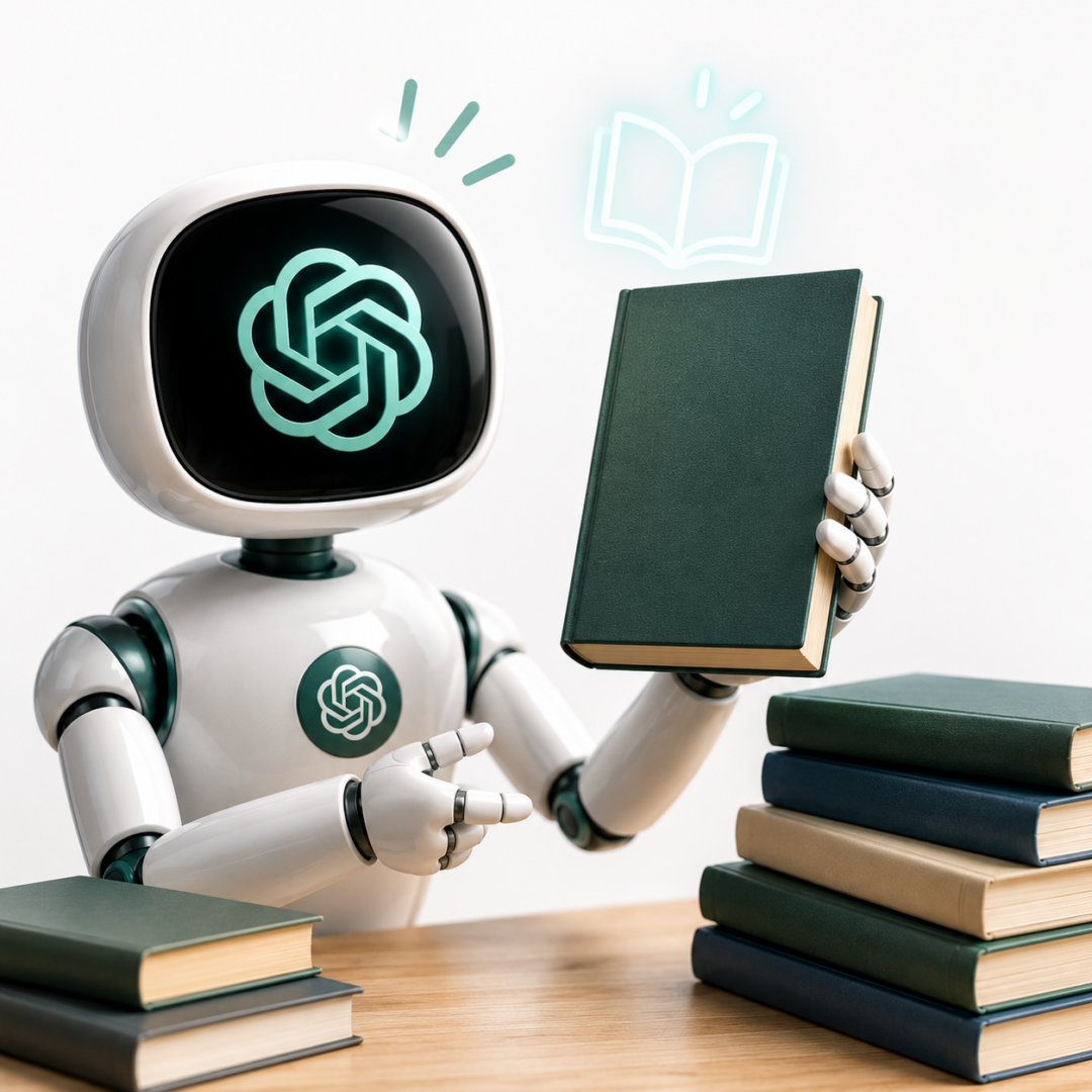 Mesterséges intelligenciát ábrázoló robot könyvet ajánl, mellette könyvkupacok.